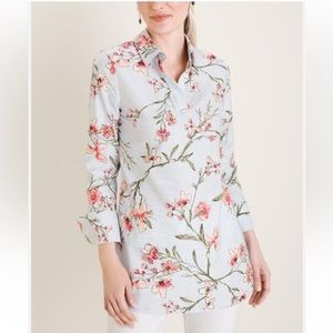 Chico’s | Floral Cotton Stretch Tunic Blouse Size 1 Split Neck collar
